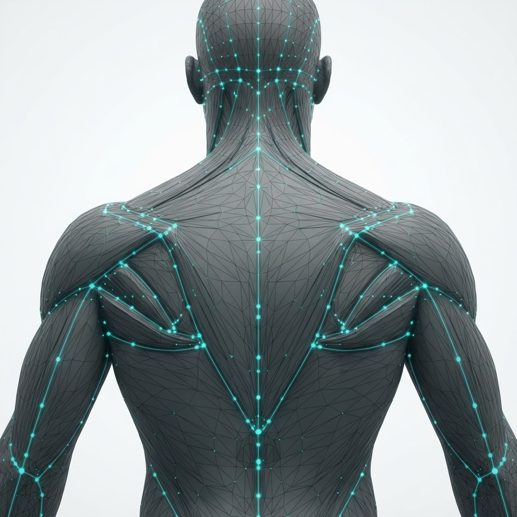High-resolution 3D wireframe body-contour scan of a back with tracking nodes