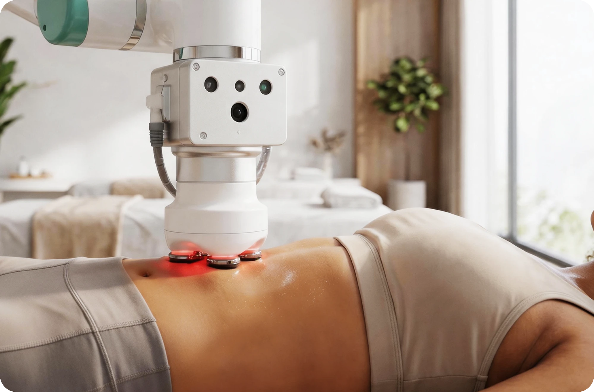 FlowMotion robotic arm delivering targeted red-light therapy during a wellness session