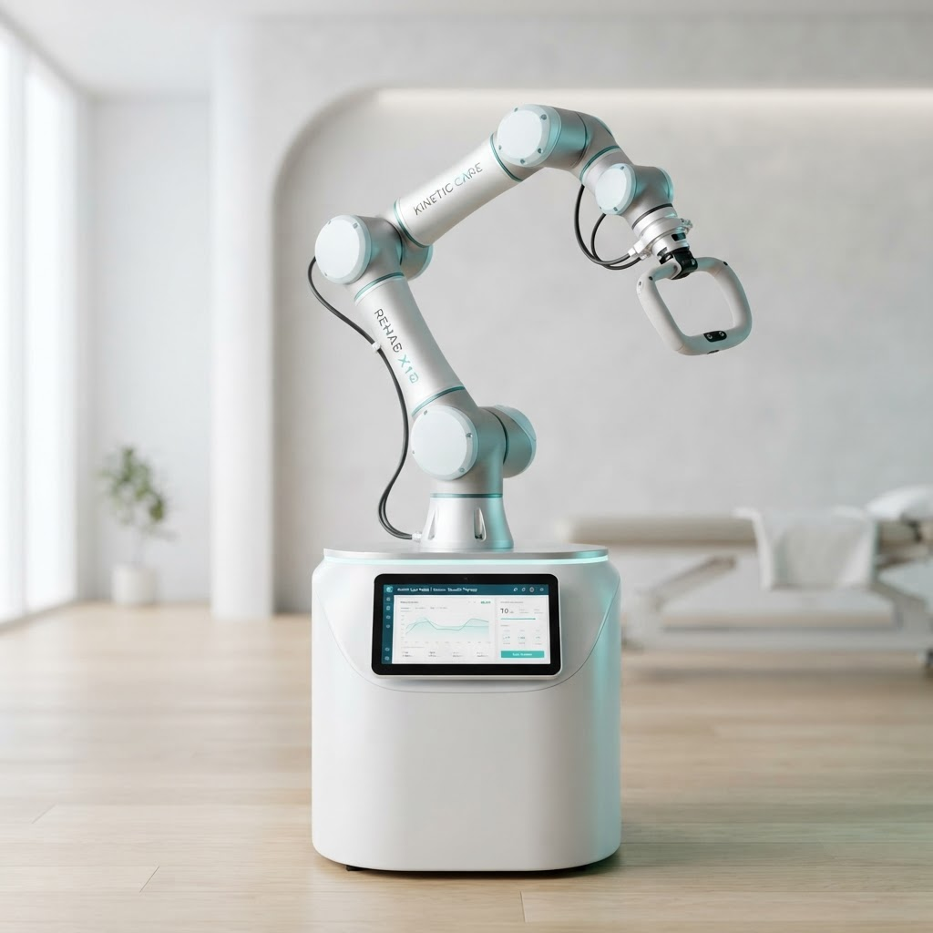 FlowMotion AI physiotherapy robot with a 6-axis arm and touchscreen in a clinical studio
