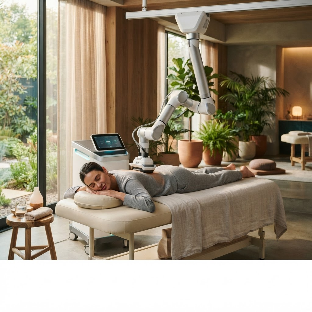A person receiving a back therapy session from the FlowMotion robot in a spa-like room