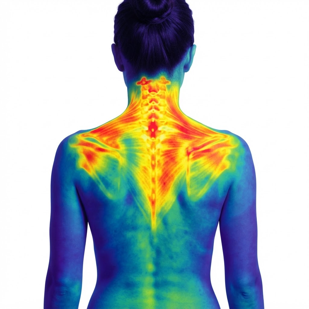 Thermal infrared heatmap of a back showing muscle tension hot spots